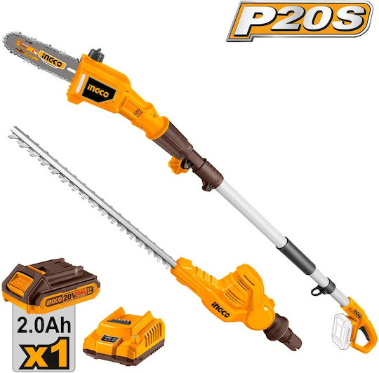Ingco CPTS201681 Garden Multi Tool Battery 2 in 1 Pole Saw Hedge Trimmer Attachment