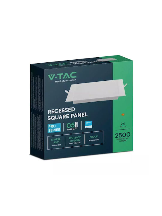 V-TAC Square Recessed LED Panel 24W with Warm White Light 3000K