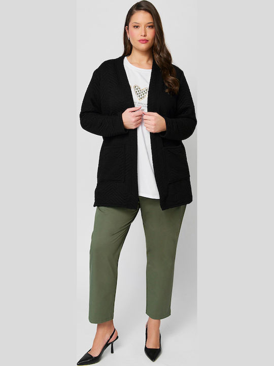 Women's Fabric Trousers with Rubber Band in Straight Leg Style Khaki