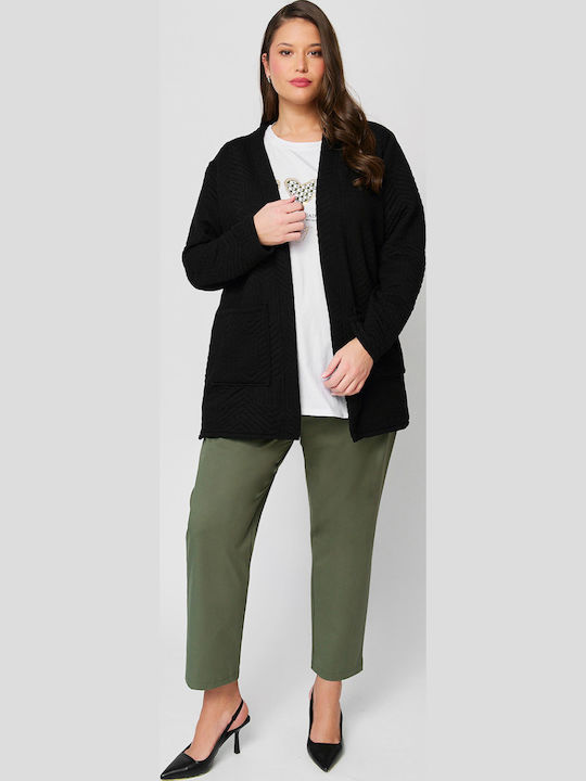 Women's Fabric Trousers with Rubber Band in Straight Leg Style Khaki