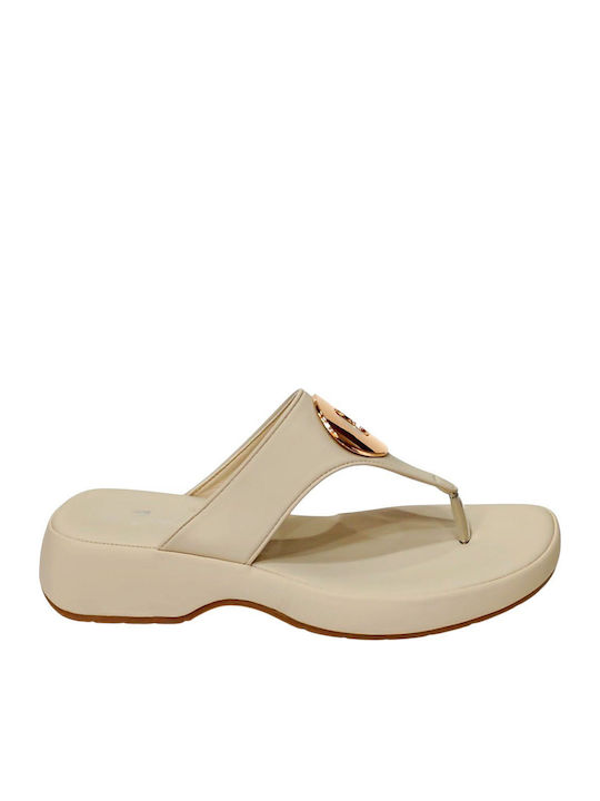 Leather Women's Flat Sandals in Beige Color