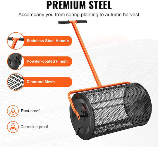 Vevor Compost Spreader 24 4-25 6" Adjustable Handle Width 24" Moss Peat Lawn Garden Cylinder Side Latches Basket Steel Powder Coating Manure Dispersion Topsoil Black
