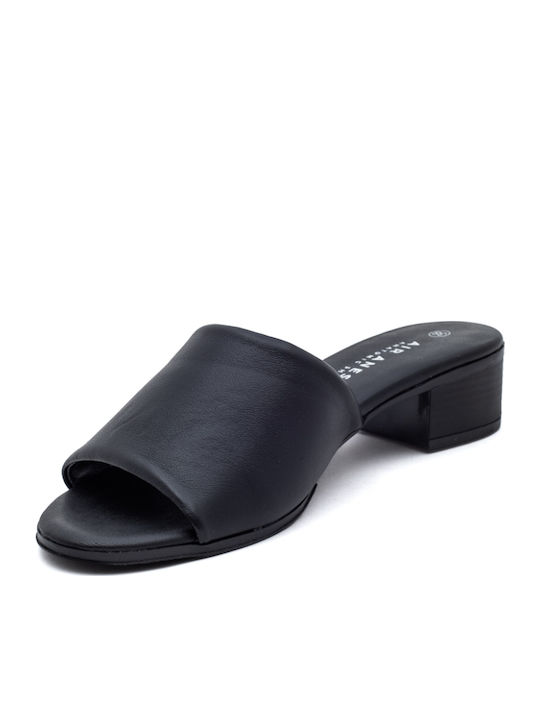 Leather Mules with Chunky Heel in Black Color