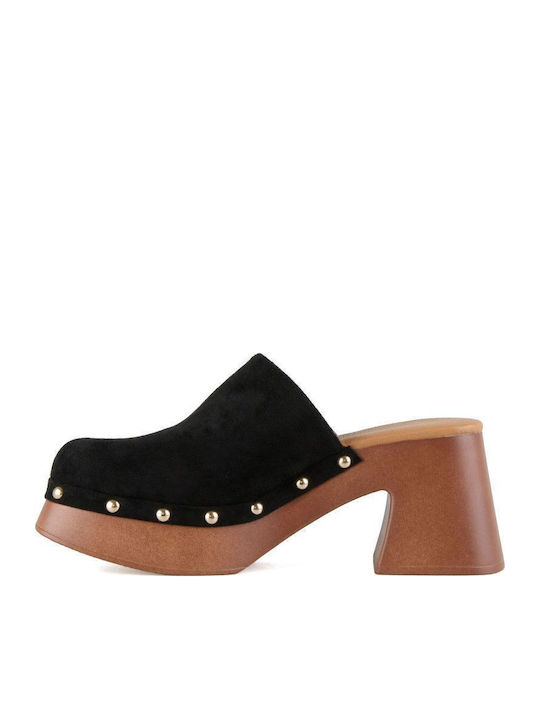 Suede Mules with Chunky Heel in Black Color