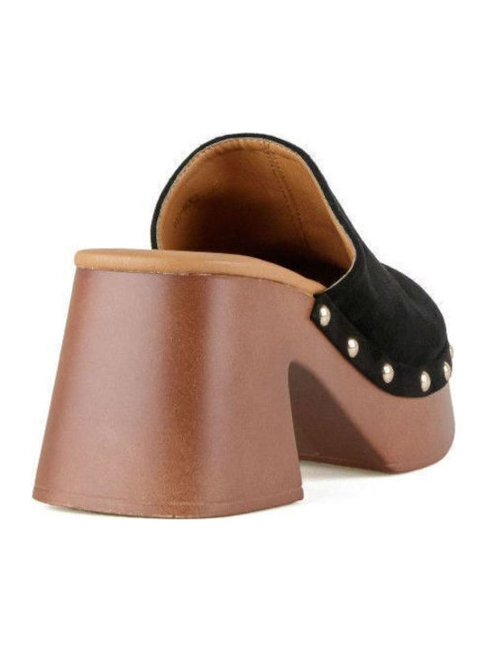 Suede Mules with Chunky Heel in Black Color