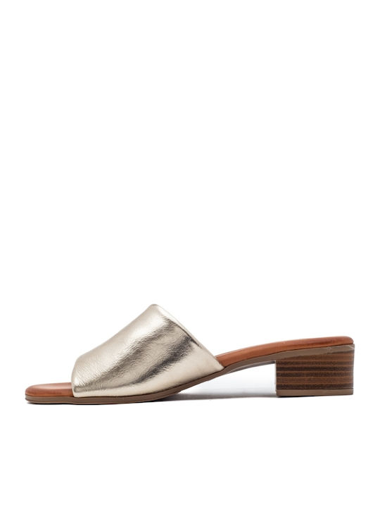Leather Mules with Chunky Heel in Gold Color