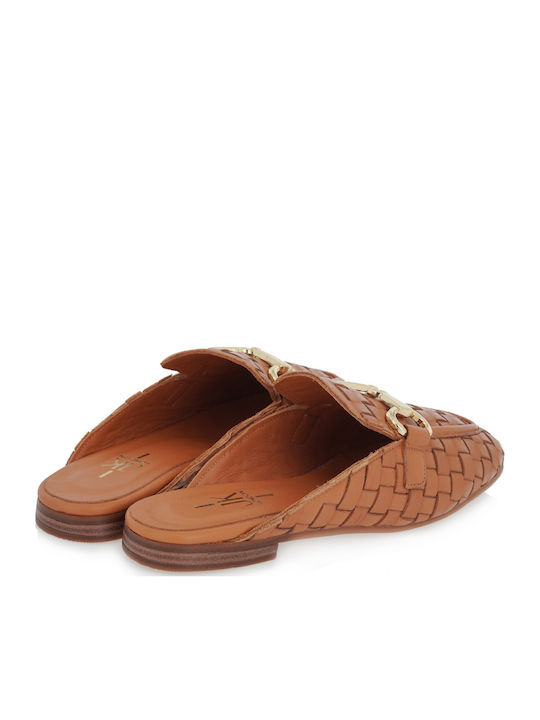 Flat Leather Mules in Tabac Brown Color