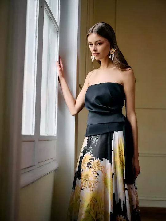 Σατέν Ψηλόμεση Maxi Φούστα Floral Κίτρινο