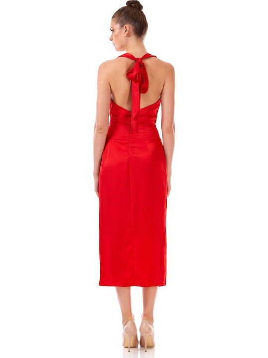 Summer Midi Evening Satin Open Back Dress Red