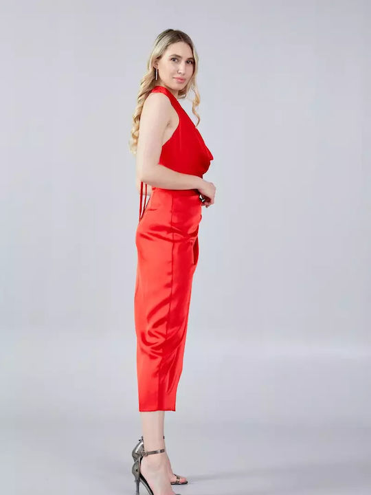 Summer Midi Evening Satin Open Back Dress Red