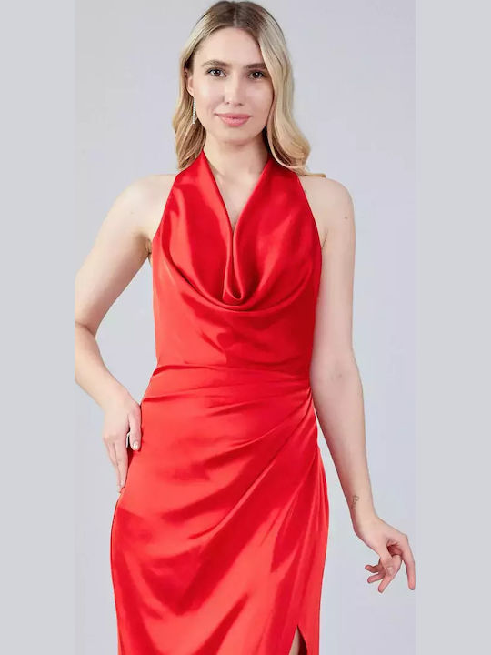 Summer Midi Evening Satin Open Back Dress Red