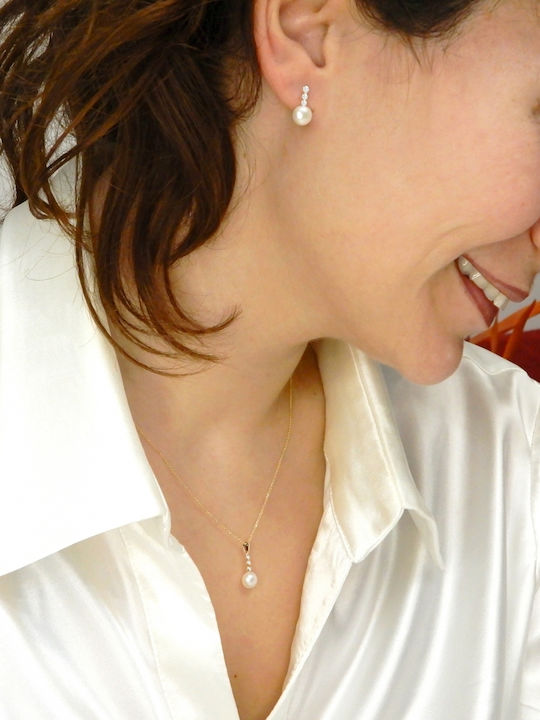 Polytimo Set with Necklace & Earrings from Gold 14K with Stones and Pearls