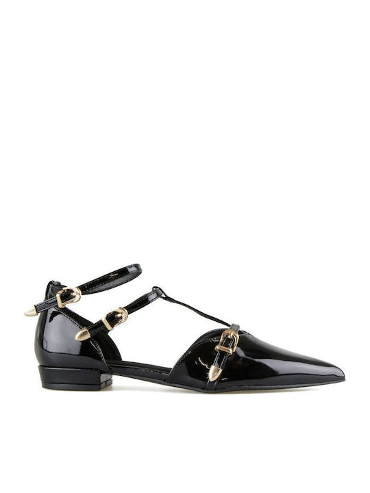 Γυναικείες Μπαλαρίνες Slingback από Λουστρίνι με Λουράκι σε Μαύρο Χρώμα