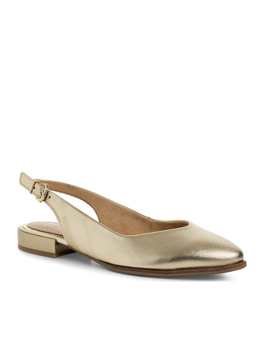 Δερμάτινες Γυναικείες Μπαλαρίνες Slingback με Λουράκι σε Χρυσό Χρώμα