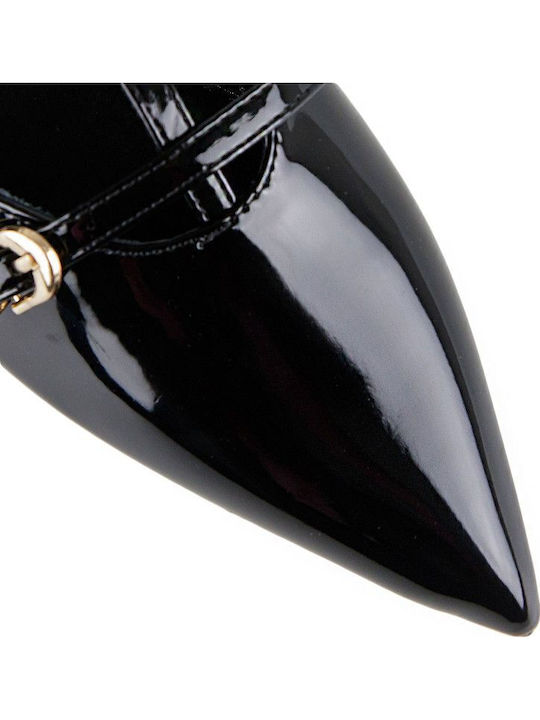 Γυναικείες Μπαλαρίνες Slingback από Λουστρίνι με Λουράκι σε Μαύρο Χρώμα