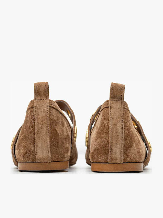 Δερμάτινες Γυναικείες Μπαλαρίνες Slingback με Λουράκι σε Ταμπά Χρώμα