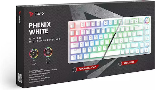 Savio Phenix Ασύρματο Gaming Μηχανικό Πληκτρολόγιο 75% με Gateron Yellow Pro διακόπτες και RGB φωτισμό (Αγγλικό US) Λευκό