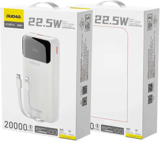Dudao K15Pro Power Bank 20000mAh 22.5W with USB-A Port and USB-C Port Power Delivery White