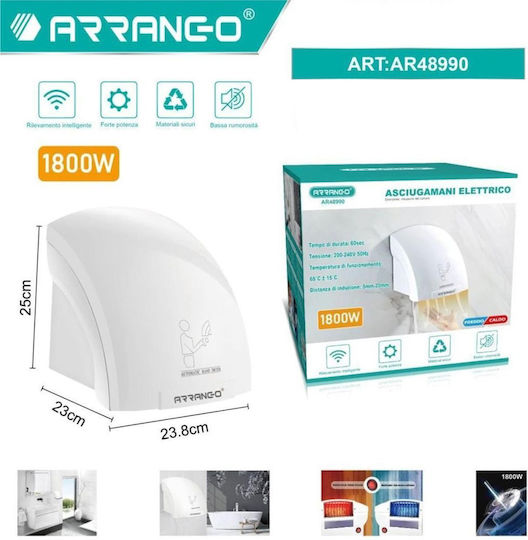 Arrango Hand Dryer Plastic 60dB with Sensor in White Colour 1.8kW AR48990