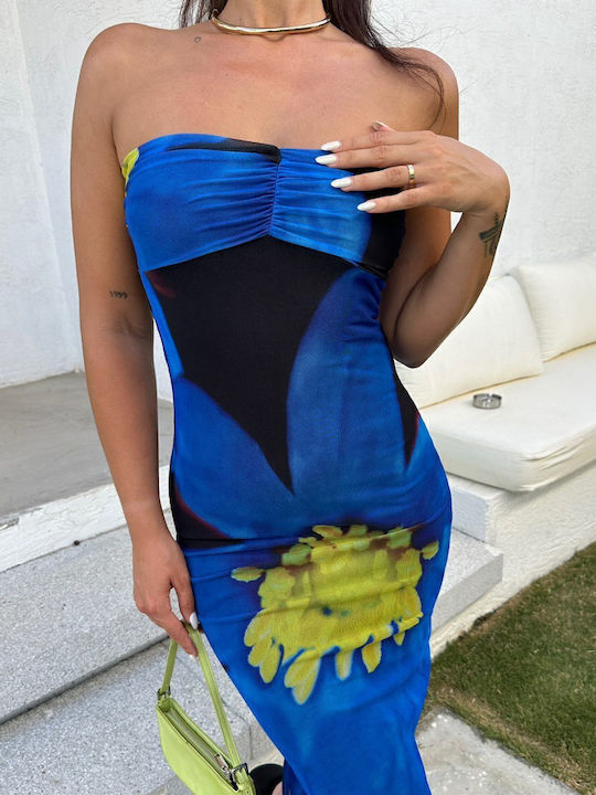Summer Midi Dress for Wedding - Christening Strapless Blue