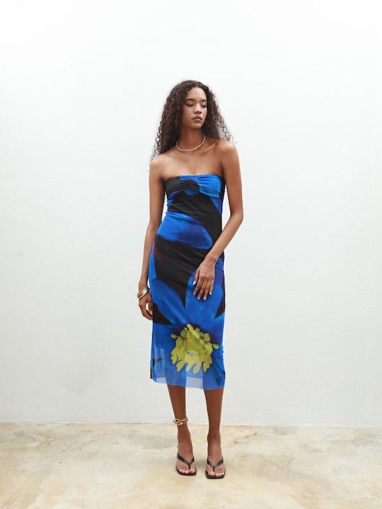 Summer Midi Dress for Wedding - Christening Strapless Blue