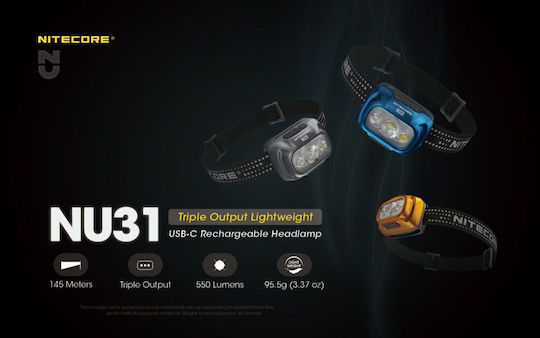 NiteCore Rechargeable Headlamp LED IP66 with Maximum Brightness 550lm NU31 Orange Orange