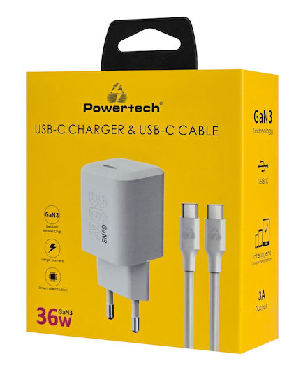 Powertech Charger GaN with USB-C Port and Cable USB-C - USB-C 36W Quick Charge 3.0 Whites (PT-1350)