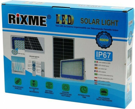 Rixme Στεγανός Ηλιακός Προβολέας LED 400W Ψυχρό Λευκό 6500K με Τηλεχειριστήριο IP66