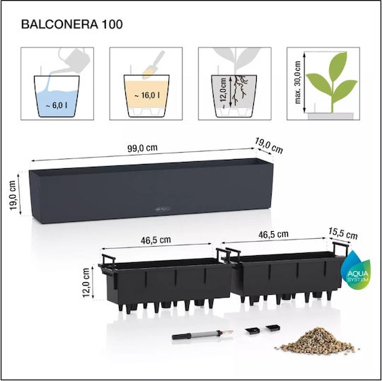 Lechuza Balconera Αυτοποτιζόμενη Ζαρντινιέρα Πλαστική Μαύρη 100x19x19εκ.