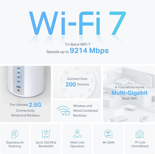 TP-LINK Deco BE65 BE9300 v2 Точка за достъп с Mesh Wi-Fi 7 Трибандов (2.4 и 5 и 6GHz) Единичен комплект