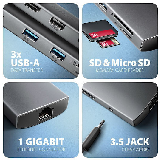 Axagon USB-C Docking Station mit HDMI 4K PD Ethernet Silber (HMC-8HLSA)