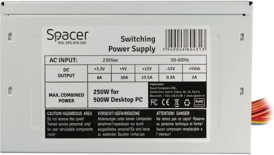 Spacer ATX 500 250W Μαύρο Τροφοδοτικό Υπολογιστή Full Wired