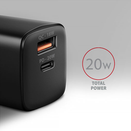 Axagon Charger Without Cable with USB-A Port and USB-C Port 20W Power Delivery / Quick Charge 2.0 / Quick Charge 3.0 / Quick Charge 4+ Blacks (ΑCU-ΡQ20)