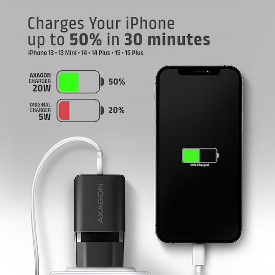 Axagon Charger Without Cable with USB-A Port and USB-C Port 20W Power Delivery / Quick Charge 2.0 / Quick Charge 3.0 / Quick Charge 4+ Blacks (ΑCU-ΡQ20)
