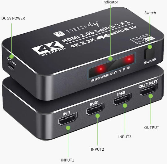 Techly 367171 3-port Hdmi Switch 2.0b 4k*60hz 3x1 Ir Remote