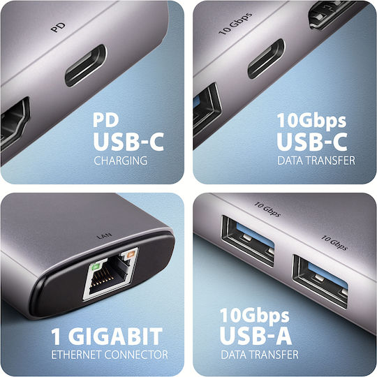 Axagon Hub 6 Θυρών USB 3.2 με σύνδεση USB-C Ασημί