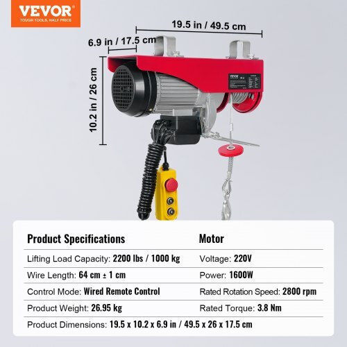 Electric Hoist 1600 W Wired Remote Control Max Lifting Height 6/12 M Speed 10 M Min Capacity 500 1000 Kg