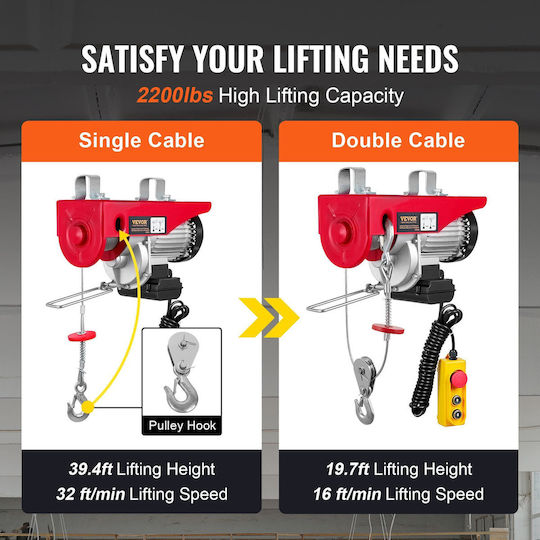 Electric Hoist 1600 W Wired Remote Control Max Lifting Height 6/12 M Speed 10 M Min Capacity 500 1000 Kg