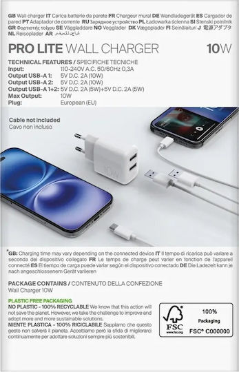 Puro Ladegerät ohne Kabel mit 2 USB-A Anschlüsse 10W Weißs (Prolite)