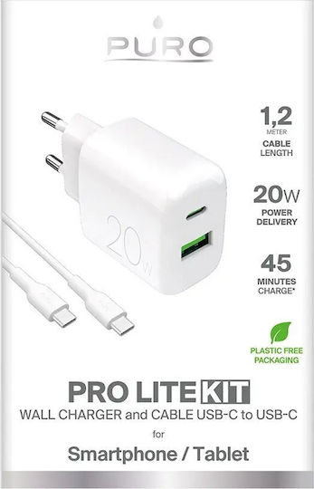 Puro Φορτιστής με Θύρα USB-A και Θύρα USB-C και Καλώδιο USB-C - USB-C 20W Λευκός (Prolite)