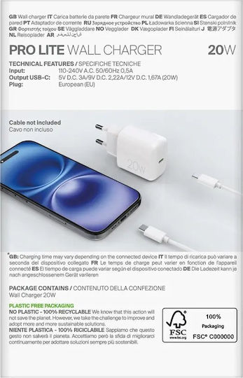 Puro Charger Without Cable with USB-C Port 20W Whites (Prolite)