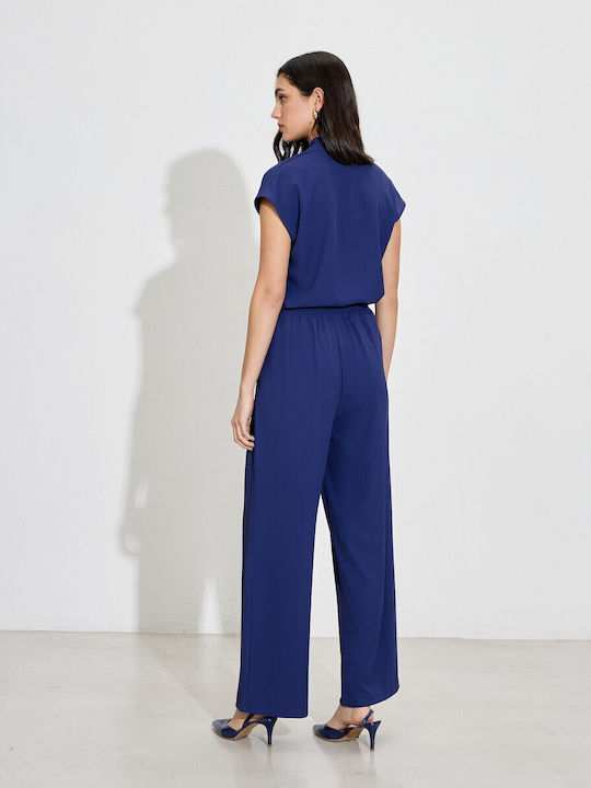 Damen Hoch tailliert Stoff Hose mit Gummizug Royal Blue