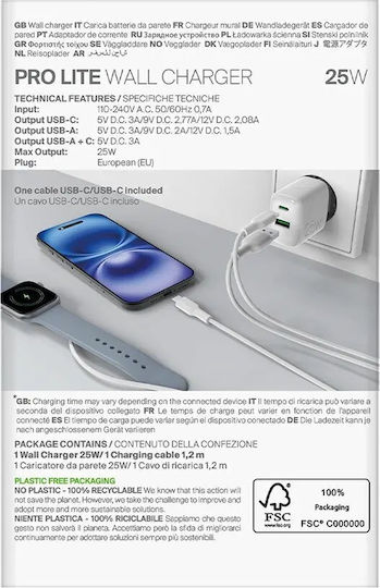 Puro Φορτιστής με Θύρα USB-A και Θύρα USB-C και Καλώδιο USB-C - USB-C 25W Λευκός (Prolite)
