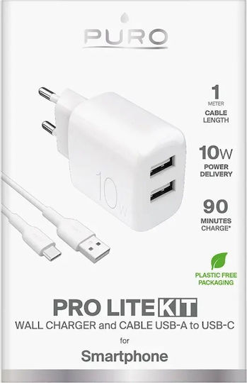 Puro Ladegerät mit 2 USB-A Anschlüsse und Kabel USB-C 10W Weißs (Prolite)