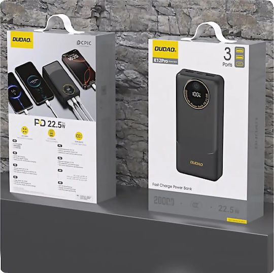 Dudao K12Pro Power Bank 20000mAh 22.5W με Θύρα USB-A και Θύρα USB-C Power Delivery Μαύρο
