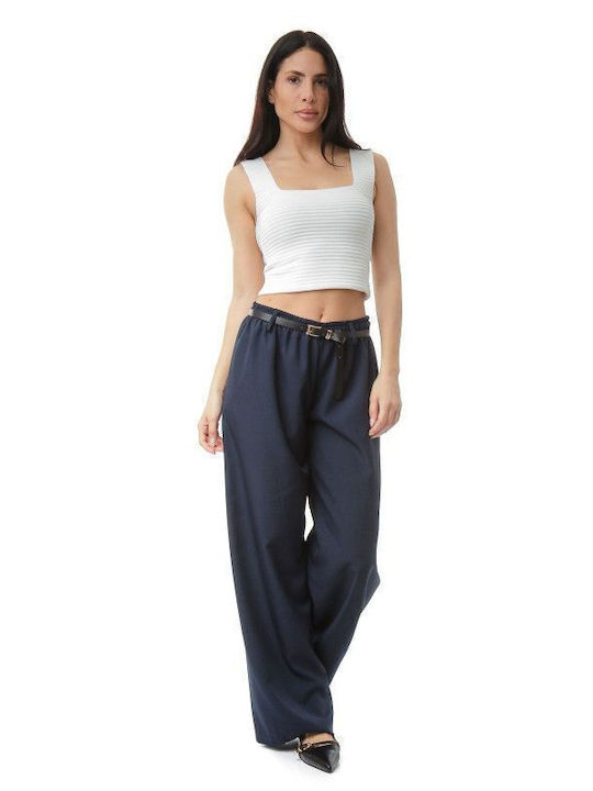 Blue Wide-Leg Trousers with Belt
