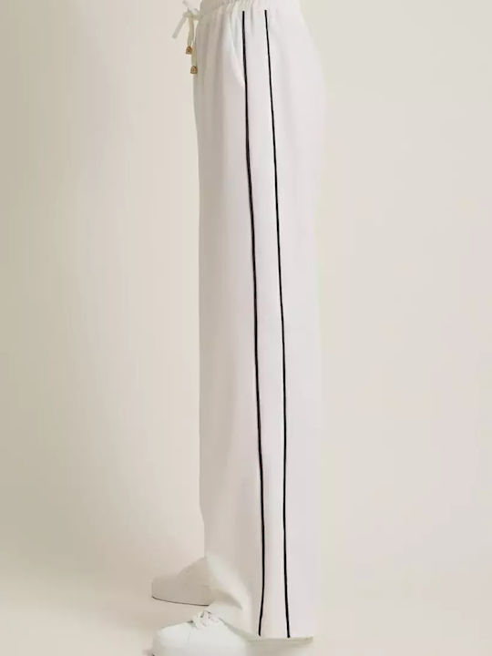 Women's High-waisted Fabric Trousers with Elastic Regular Fit Striped White