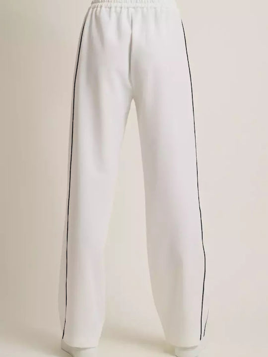 Women's High-waisted Fabric Trousers with Elastic Regular Fit Striped White