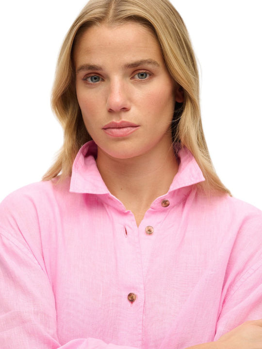 Casual Дълъг ръкав Женска Лен Риза Pink