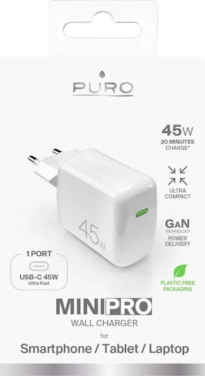 Puro Φορτιστής Χωρίς Καλώδιο GaN με Θύρα USB-C 45W Power Delivery Λευκός (Super Mini)